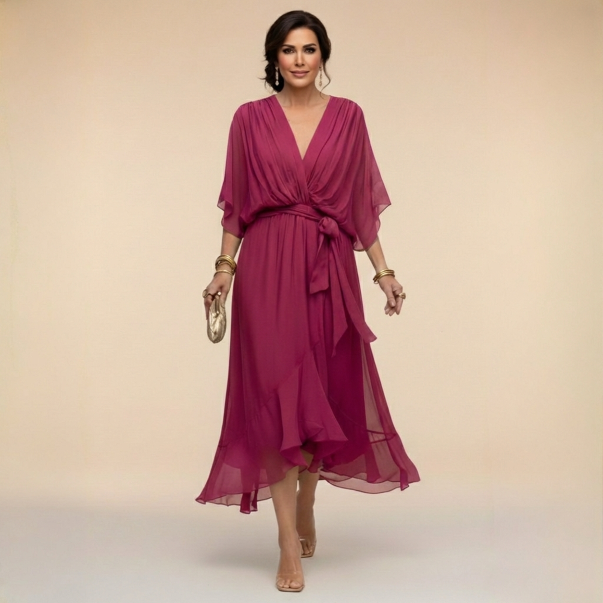 Woman wearing a magenta dress with a plain background