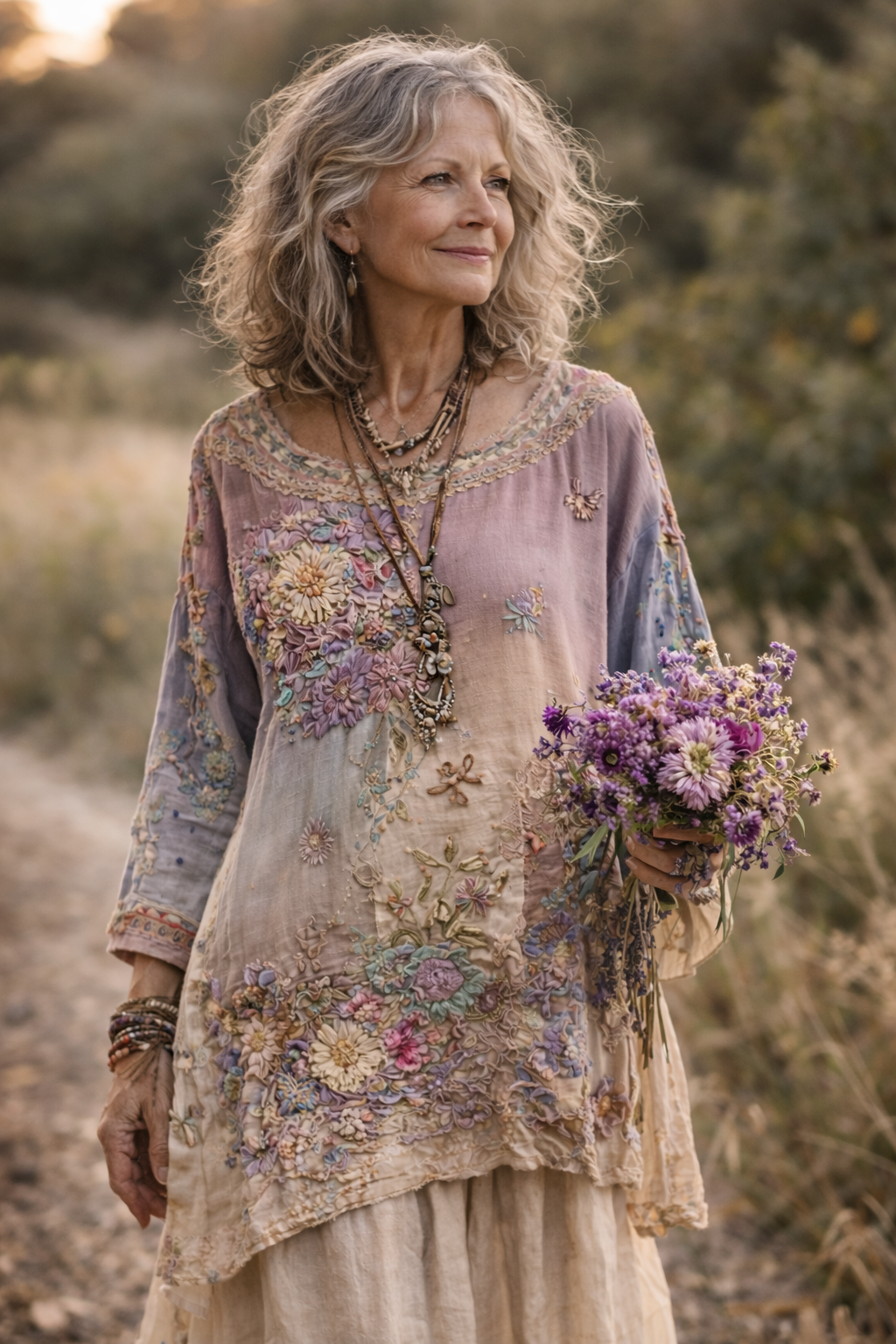 Woman in a floral dress holding a bouquet of flowers in a natural setting