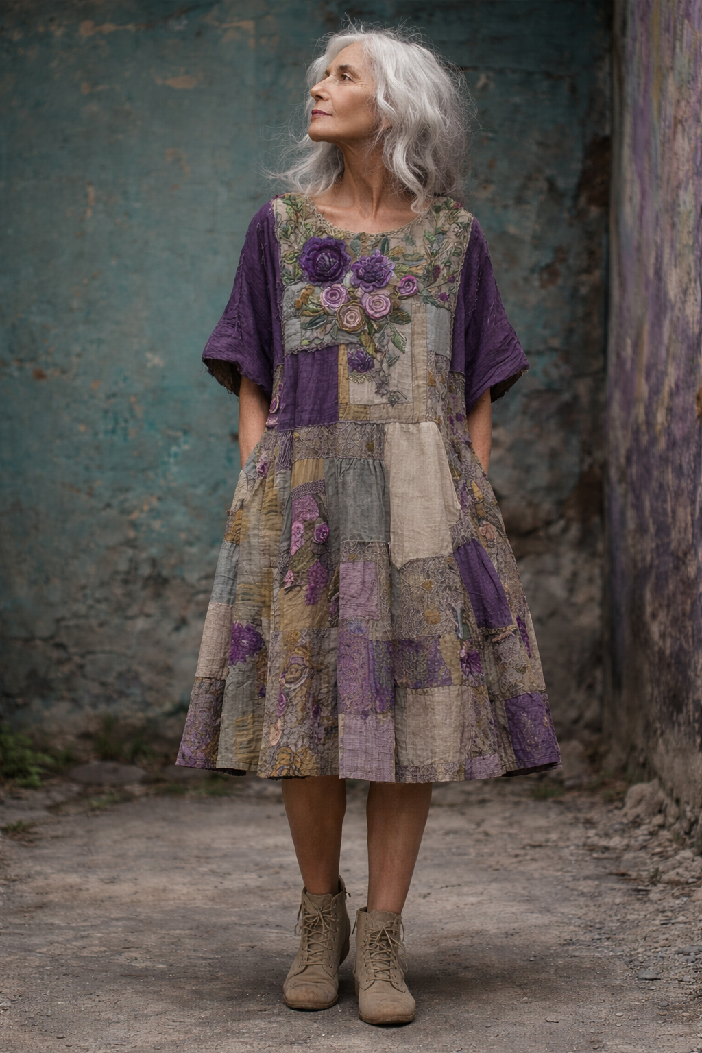 Woman wearing a patchwork dress with floral details against a textured wall.