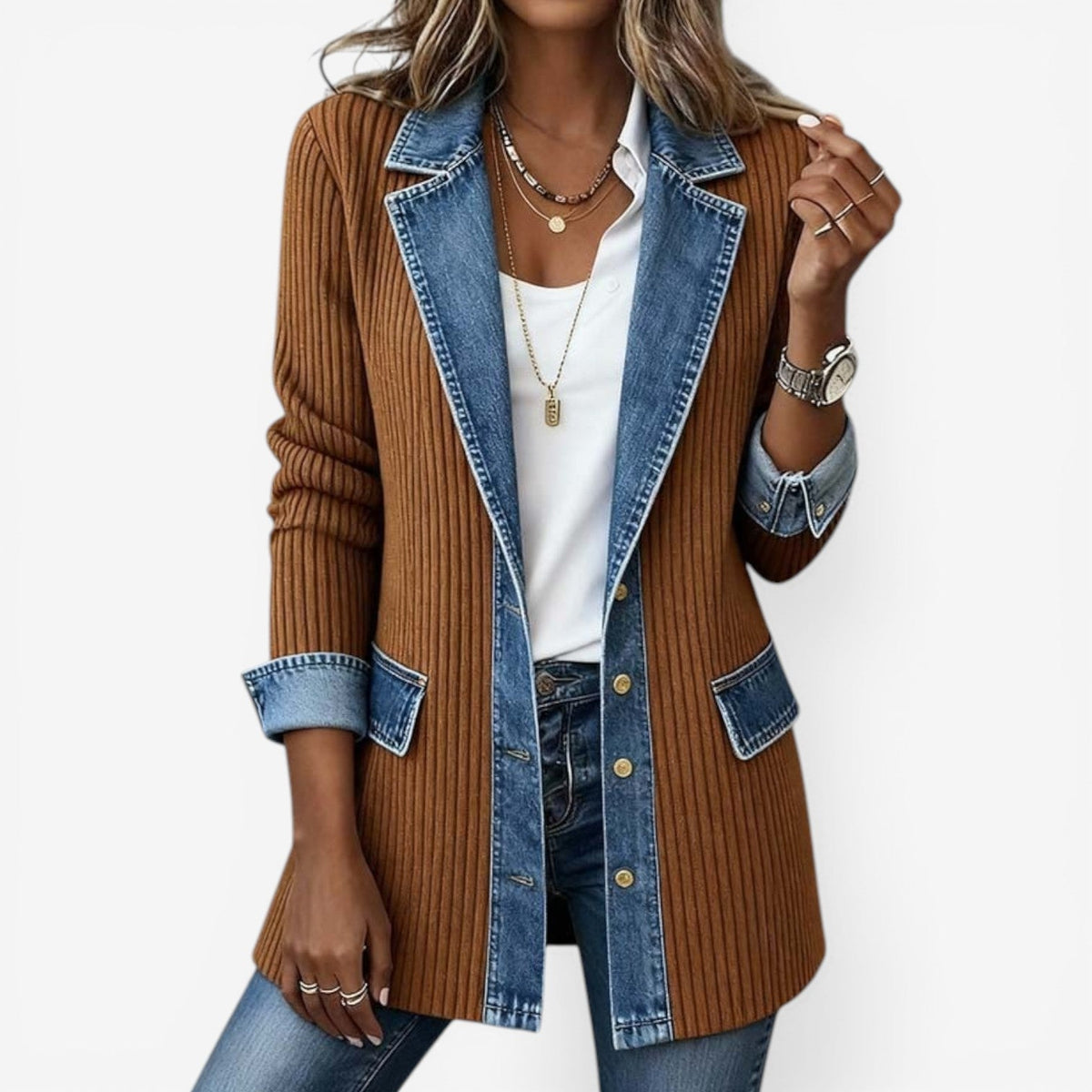 Brown ribbed cardigan with denim accents worn by a person on a white background