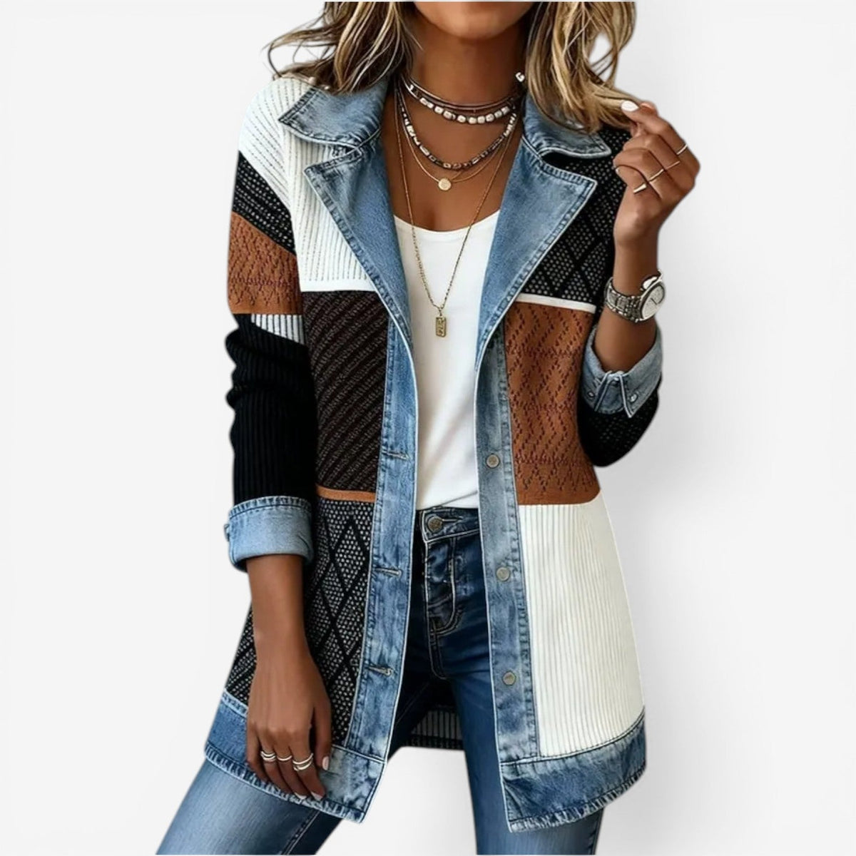 Person wearing a patchwork denim jacket with a white background