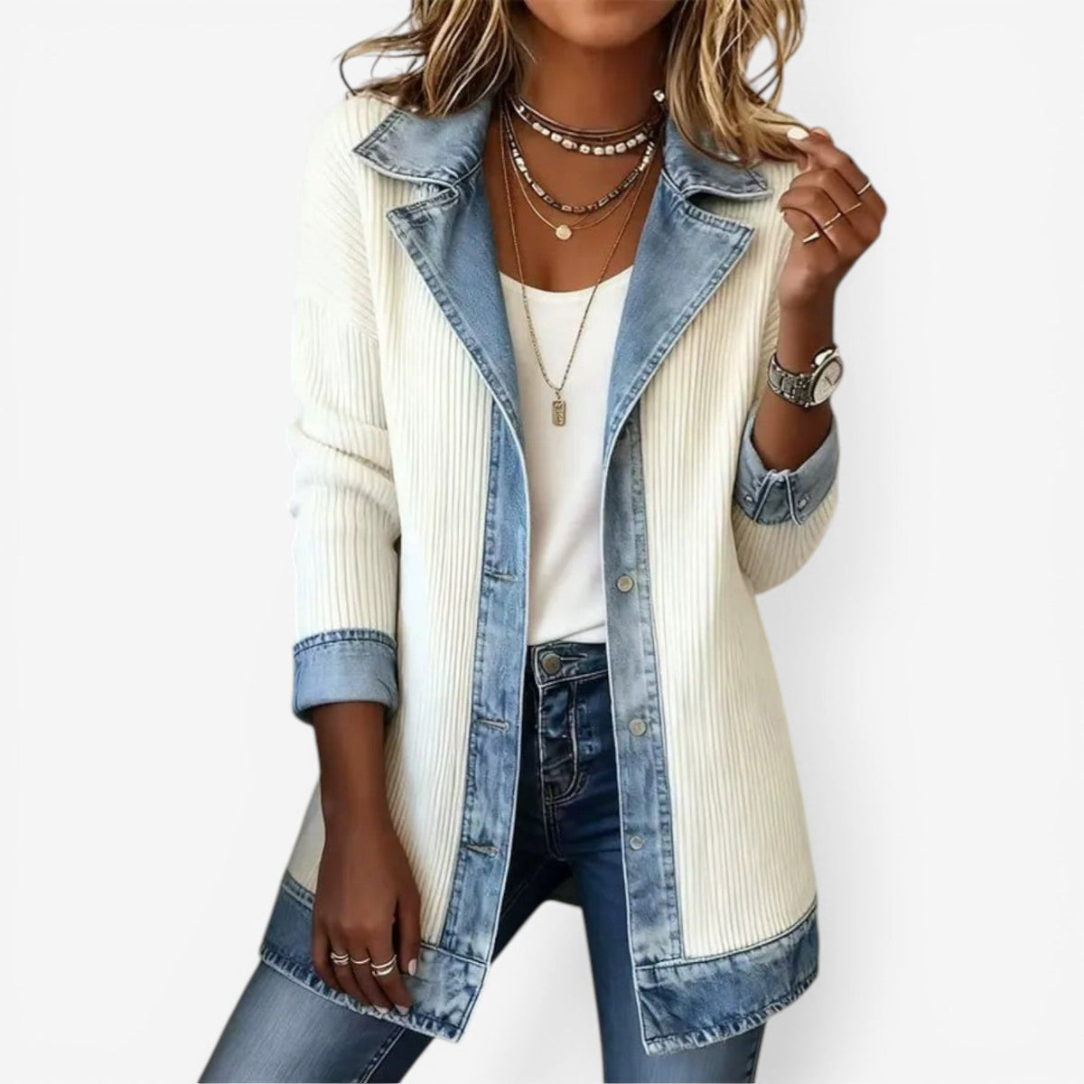 Person wearing a stylish denim and white cardigan with a plain background